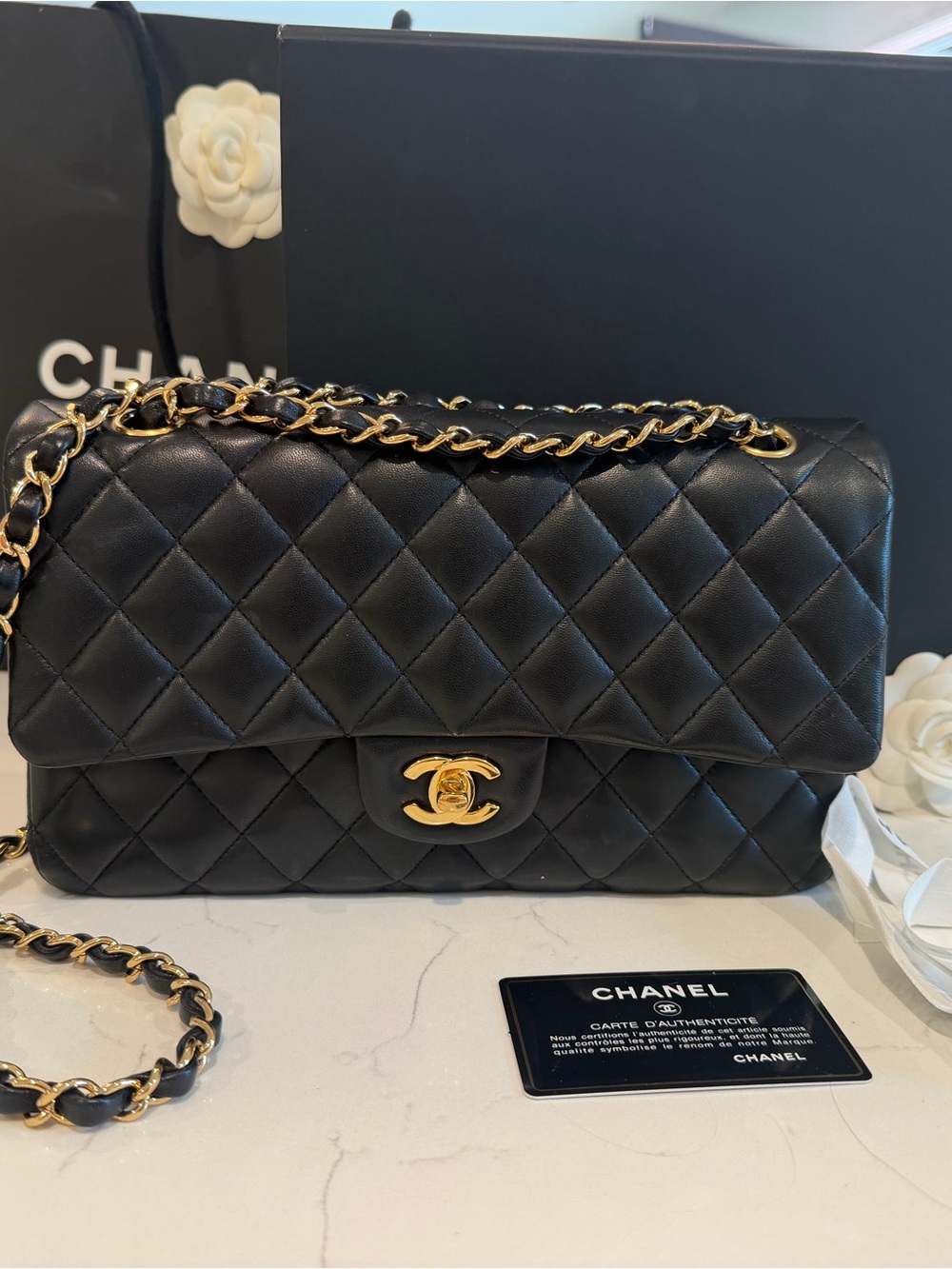 AUTHENTIC CHANEL Black Quilted Lambskin Shoulder Bag with Gold-Tone Chain